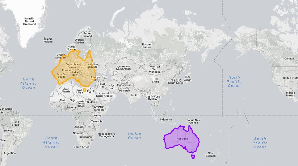 Austrália je v skutočnosti bližšie k rovníku, preto je na mape menšia.