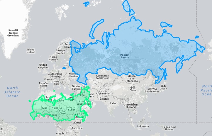 Takáto je skutočná plocha Ruska, ak by sa Rusko nachádzalo v severnej Afrike. Veľký rozdiel čo?
